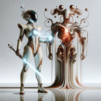 The primary subject of the image is a robotic woman standing next to a statue. The setting is a white background, which provides a clean and minimalist appearance. The visual style is digital art, as the woman and the statue are both depicted in a digital manner. The colors and mood of the image are predominantly white, giving it a clean and futuristic feel.